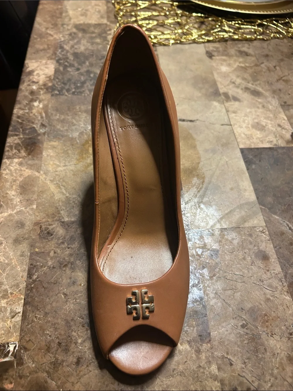Tory Burch Tan Leather Peep-Toe Heel with Logo Accent